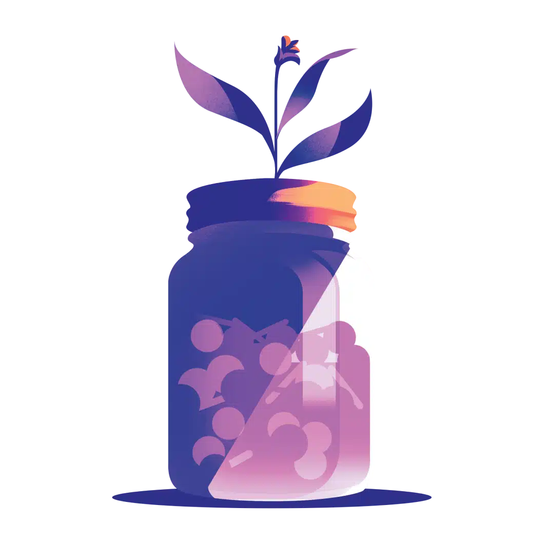 Jar of coins with a flower growing out of it